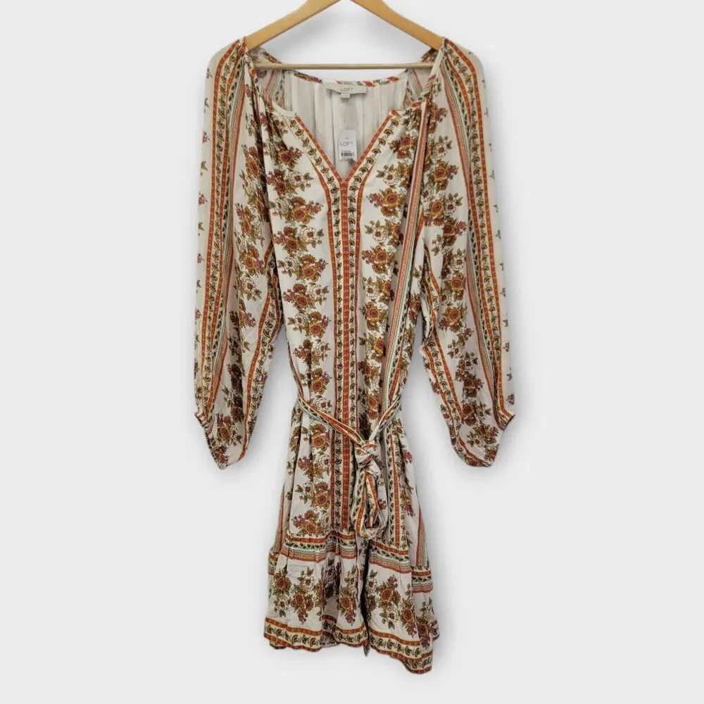 LOFT Floral Print Midi Dress - Cream and Brown - Picture 1 of 10